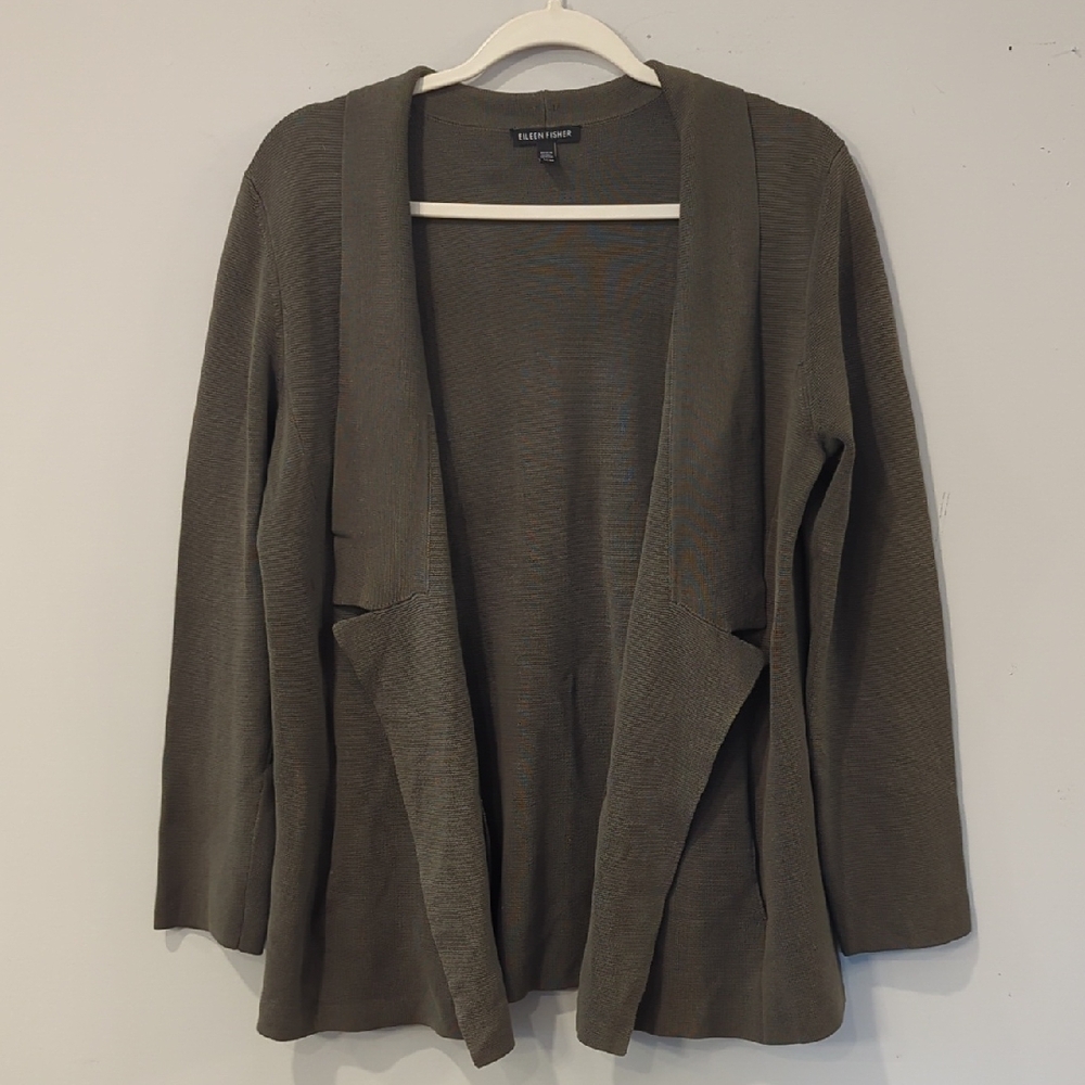 Eileen Fisher Olive Open-Front Knit Cardigan size Medium Silk Organic Cotton‎